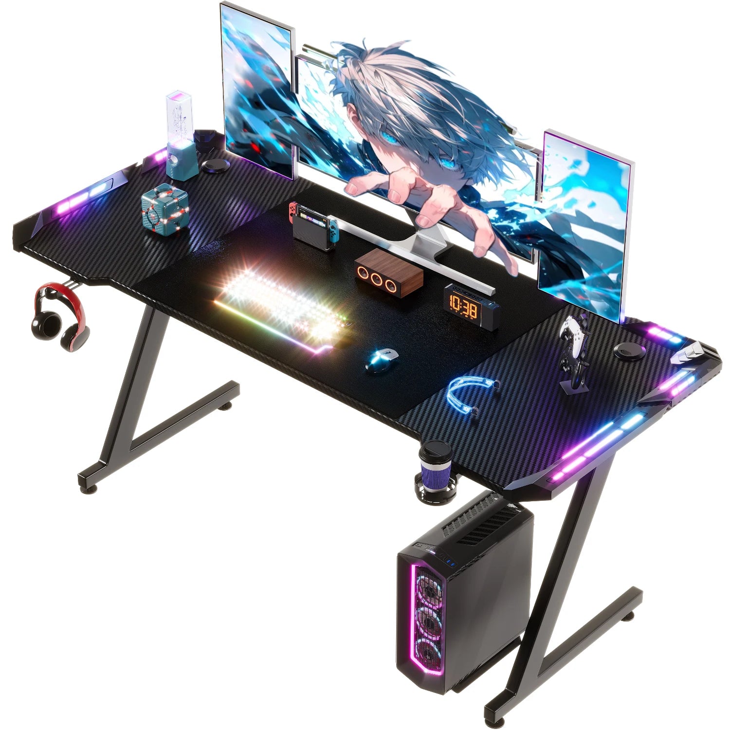 Bureau gaming LED à structure en Z avec porte-gobelet