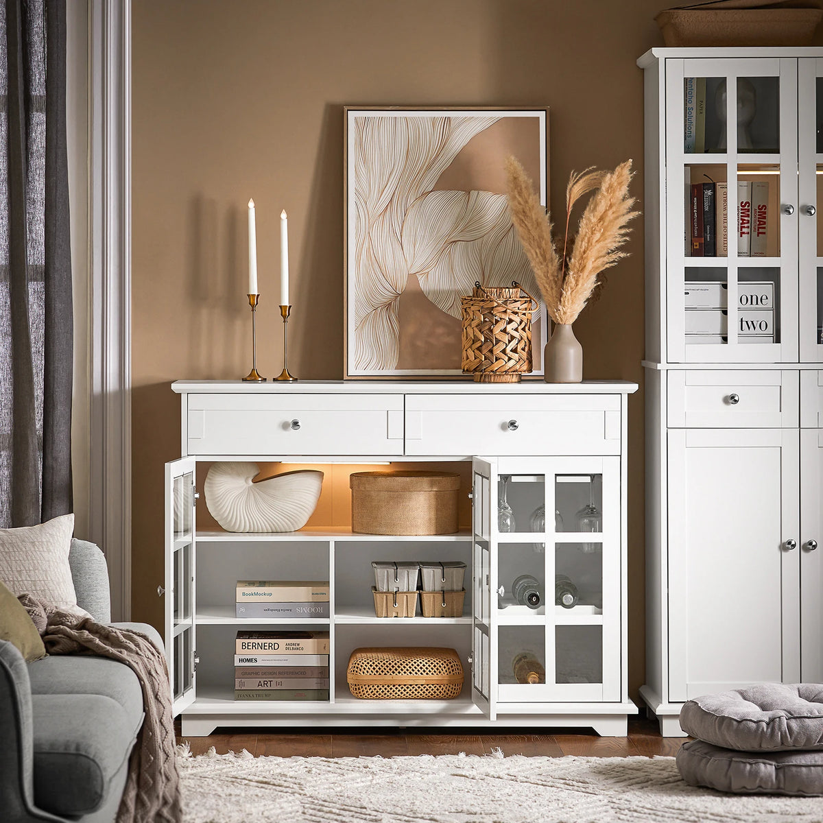 Buffet de cuisine blanc avec porte vitrée de 119 cm