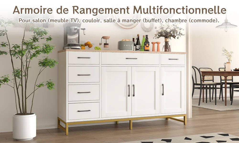 Buffet blanc avec plan de travail, 4 tiroirs et 2 portes, pieds dorés, vue de face