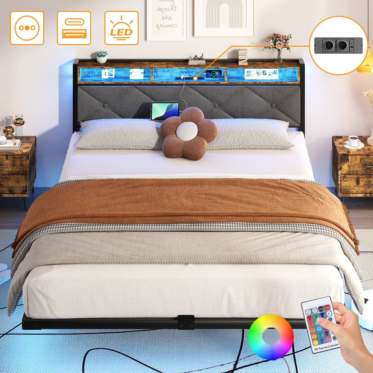 Lit 140 × 190 cm avec LED, USB et rangement