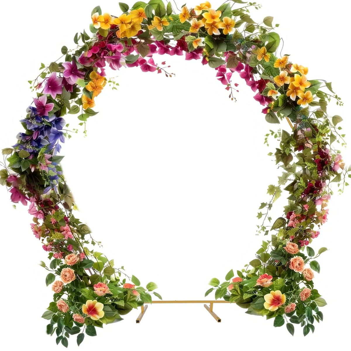 Arche de mariage dorée : arche hexagonale et fleurs multicolores.