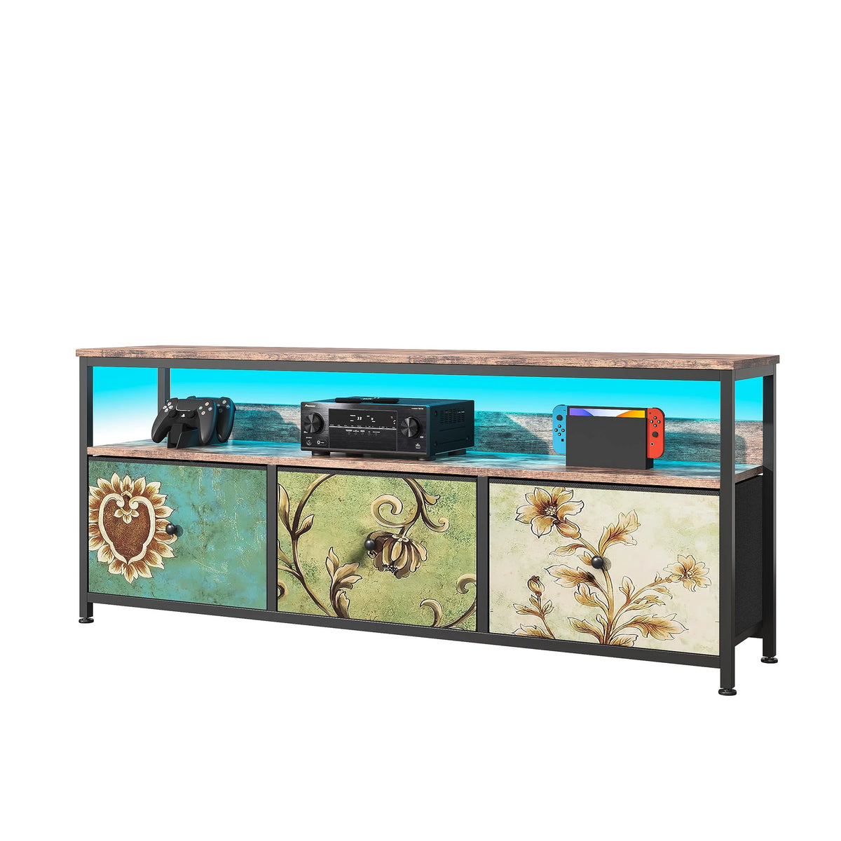 Meuble TV vintage avec LED et trois tiroirs textiles, illustration 13