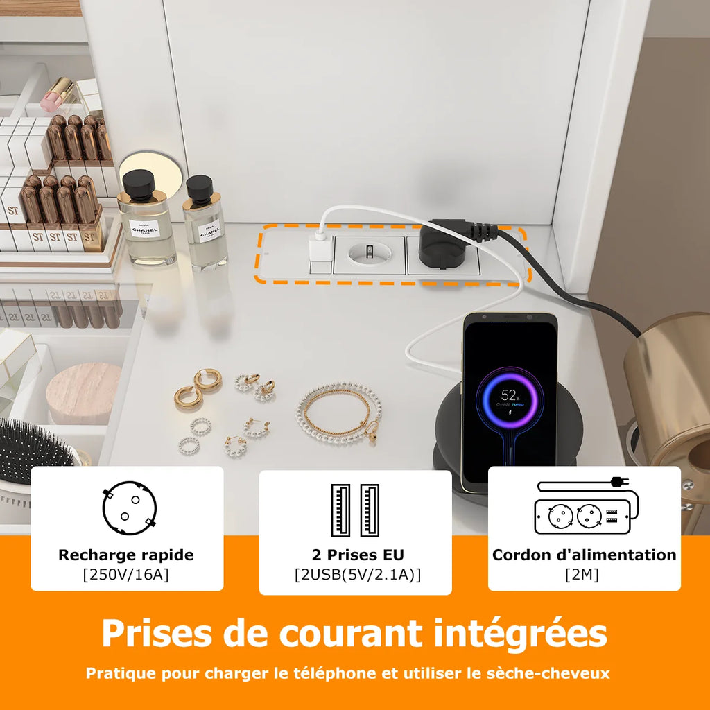 Coiffeuse avec miroir LED, 3 tiroirs et tabouret — prises secteur et ports USB intégrés