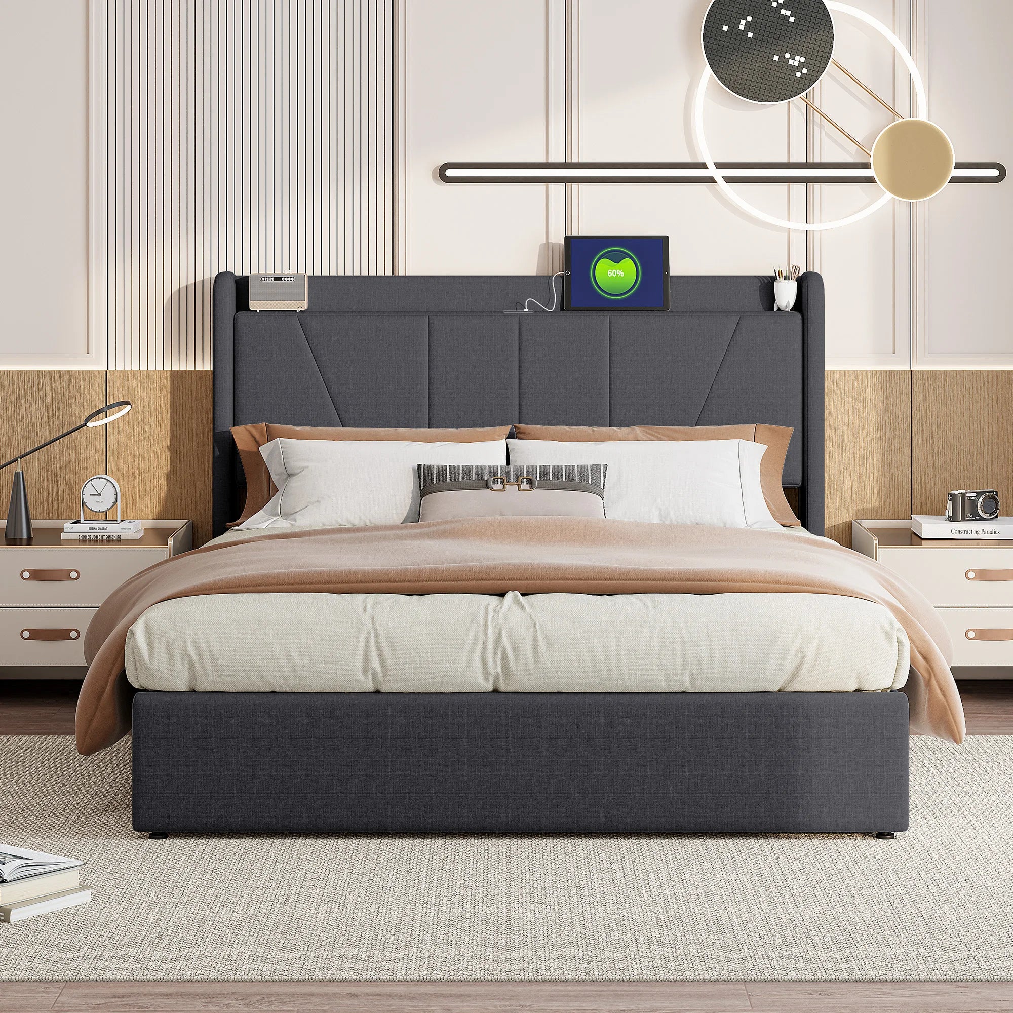 Lit coffre rembourré LED avec USB et USB-C