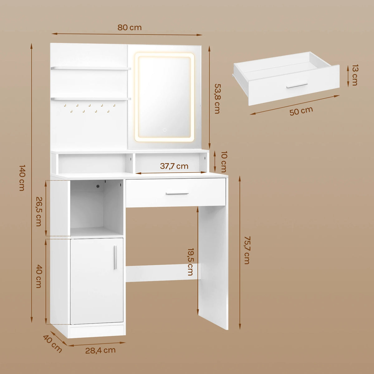 Coiffeuse blanche avec miroir LED et rangement