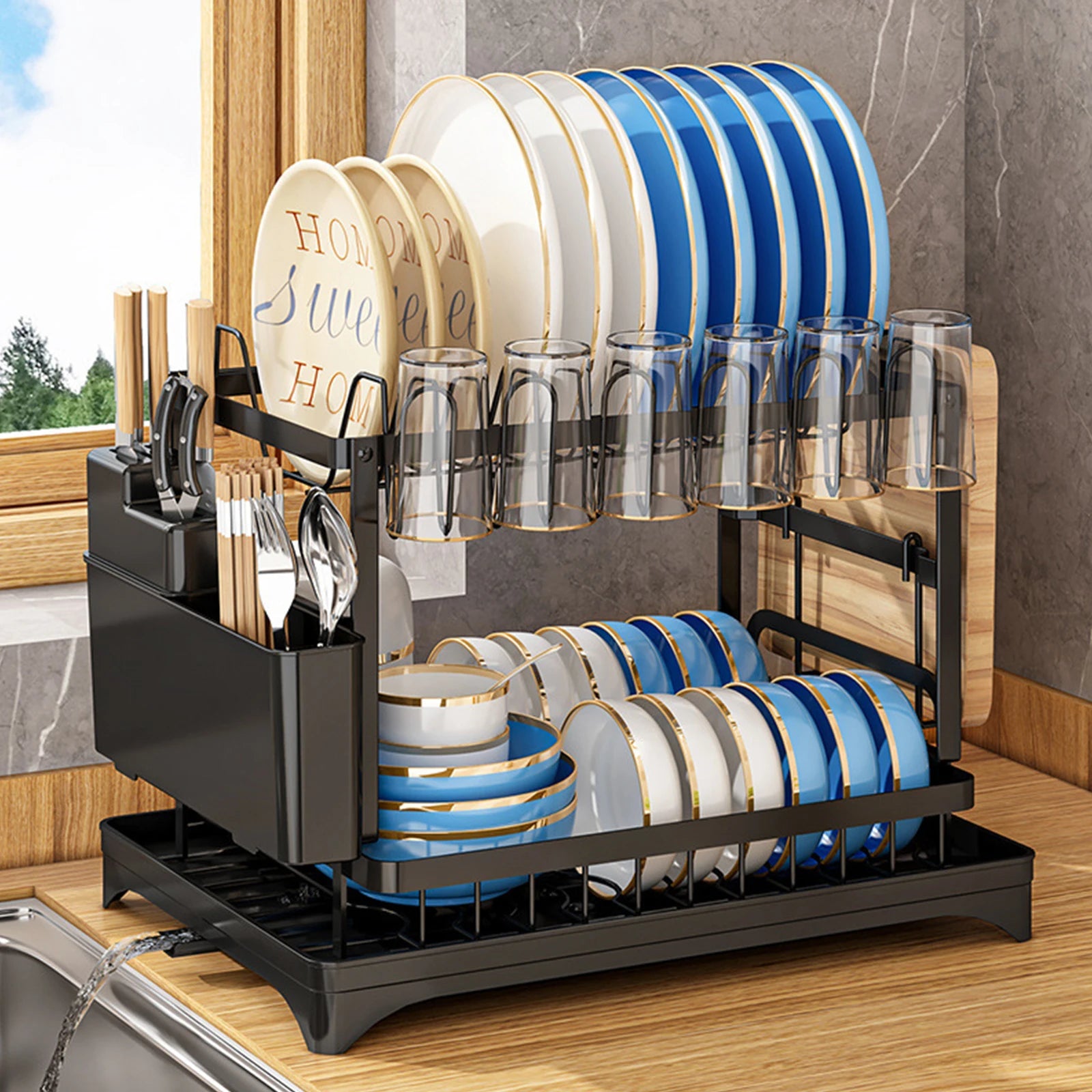Égouttoir à vaisselle 2 niveaux avec drainage orientable