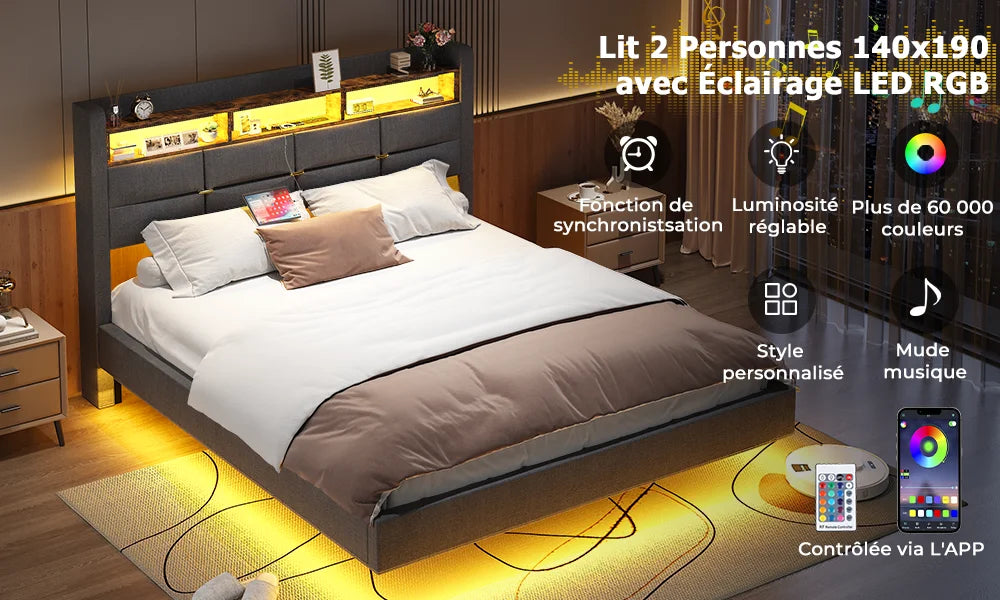 Lit effet flottant avec LED, 2 prises et 2 ports USB