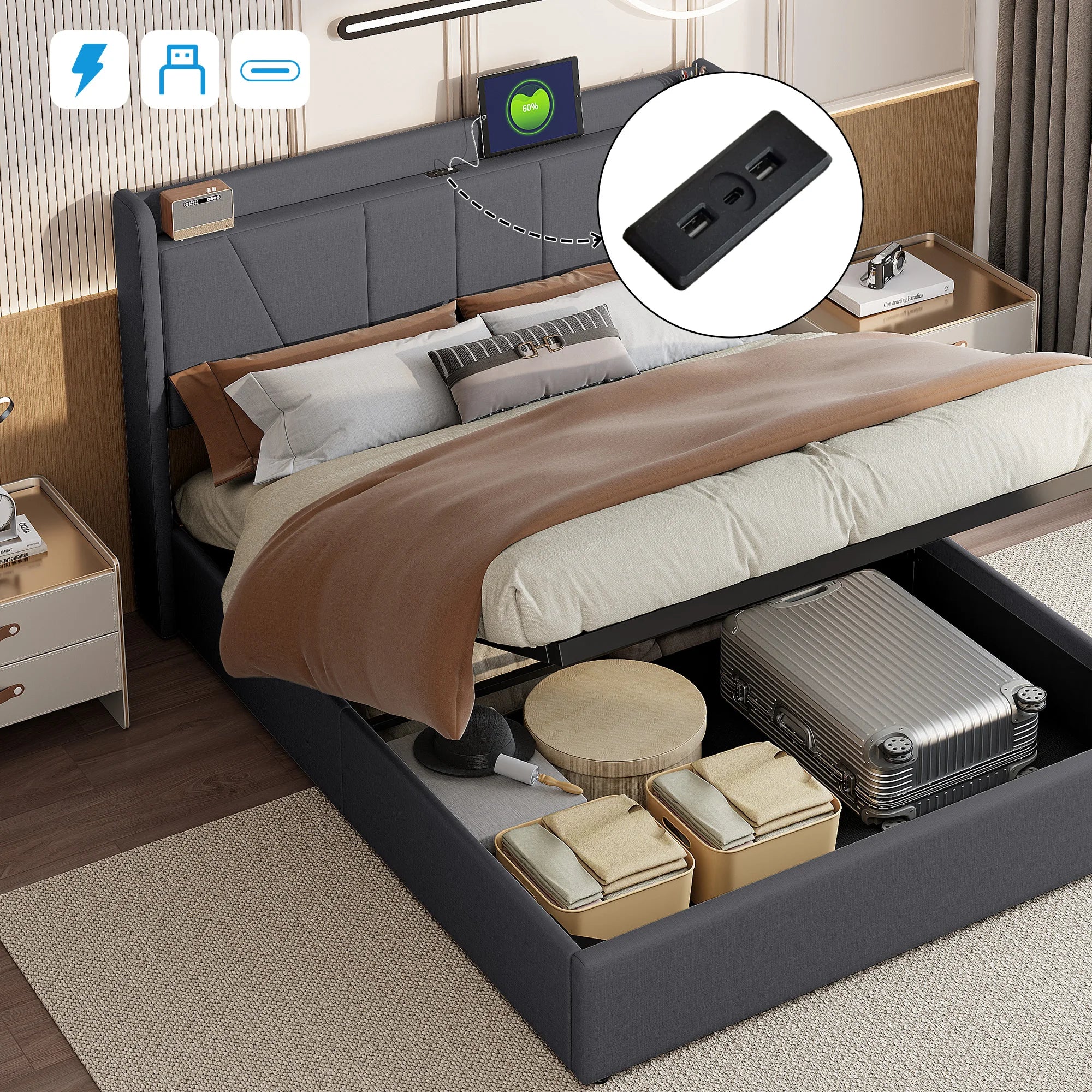 Lit coffre rembourré LED avec USB et USB-C
