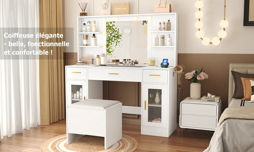 Coiffeuse avec miroir LED, 3 tiroirs et tabouret