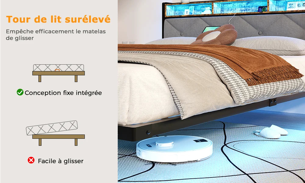 Lit 140 × 190 cm avec LED, USB et rangement