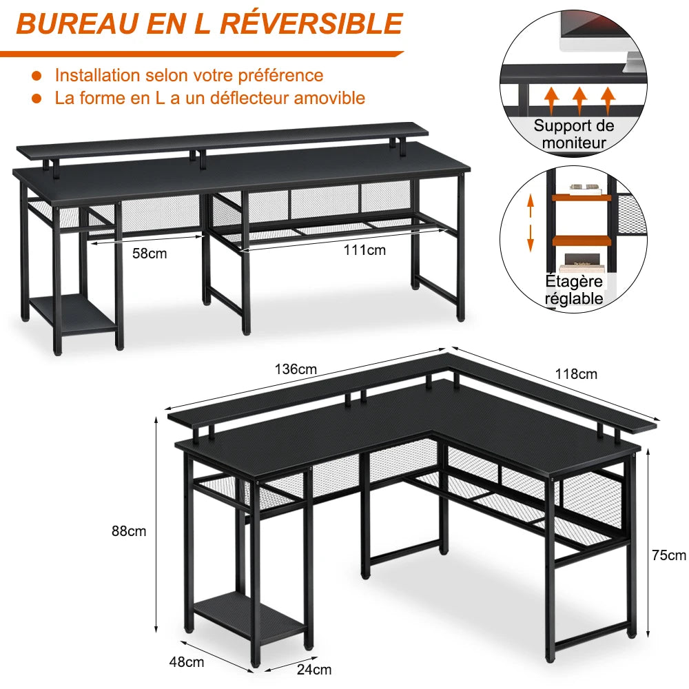 Bureau d’angle gaming 136 × 75 cm avec LED et USB