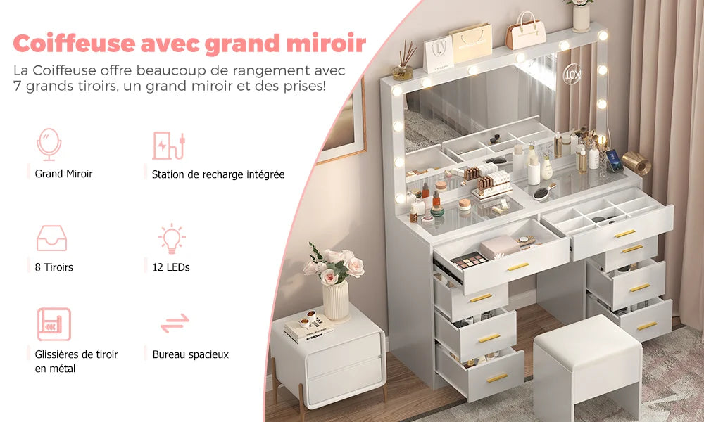 Coiffeuse à 8 tiroirs avec miroir et tabouret