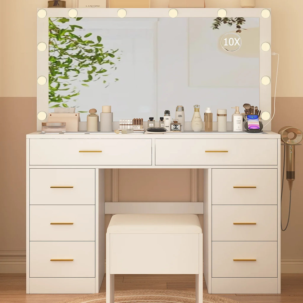 Coiffeuse à 8 tiroirs avec miroir et tabouret