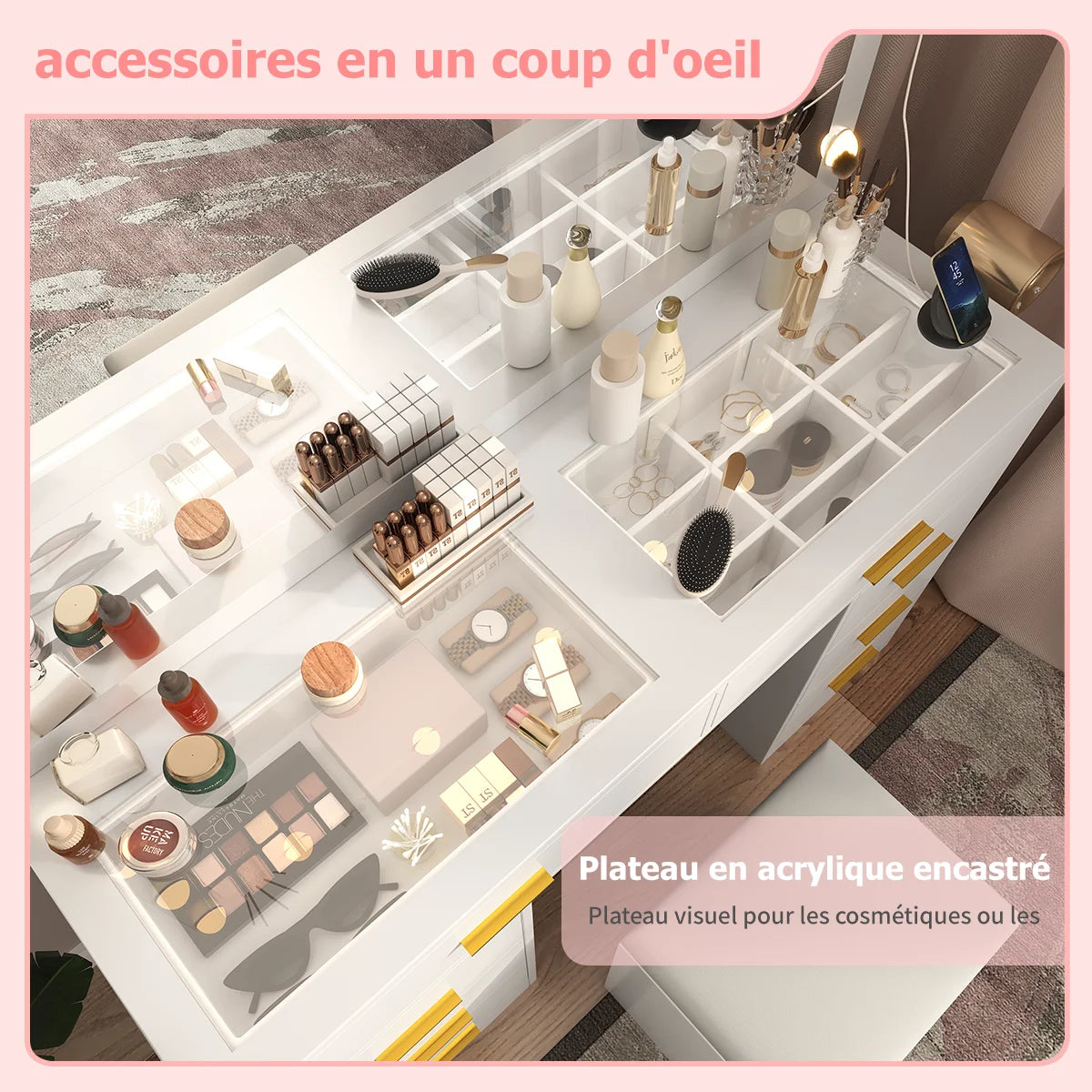 Coiffeuse à 8 tiroirs avec miroir et tabouret
