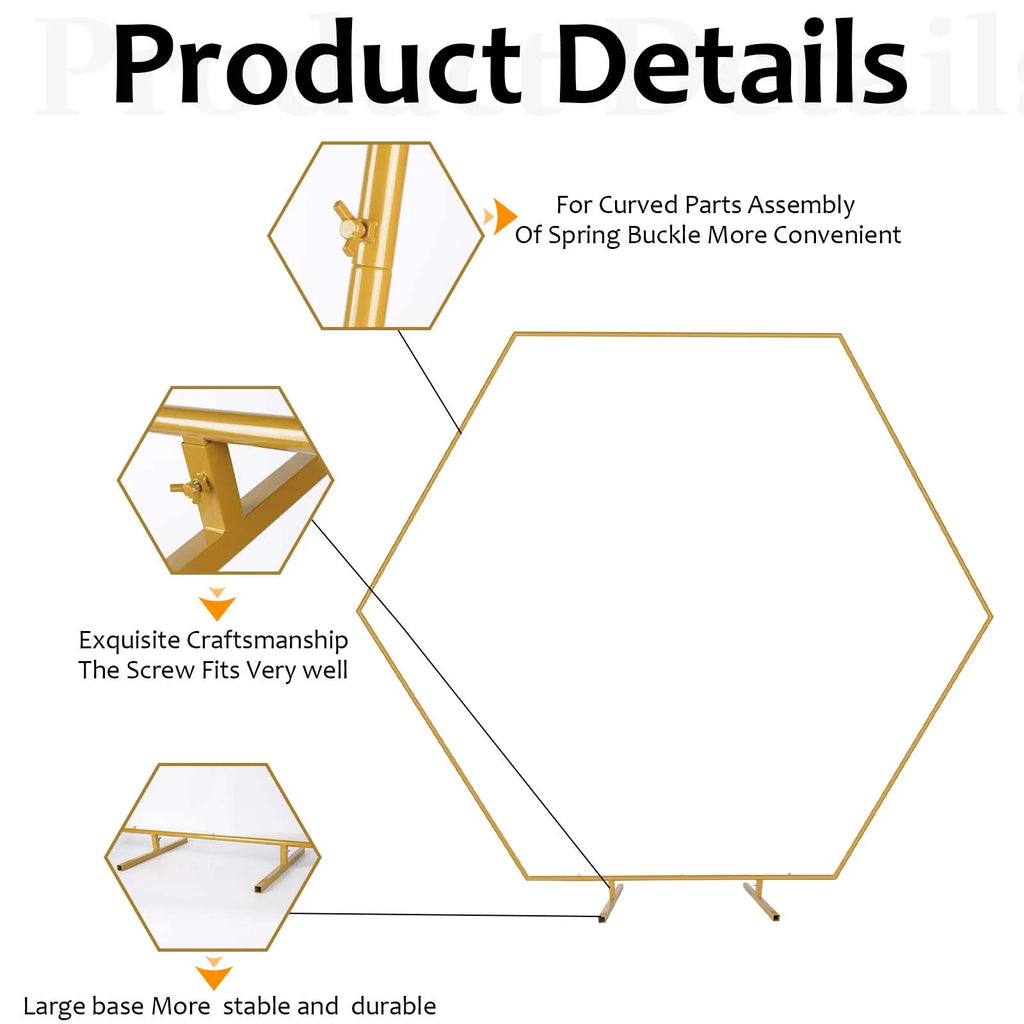 Arche de mariage dorée : détails du cadre hexagonal.