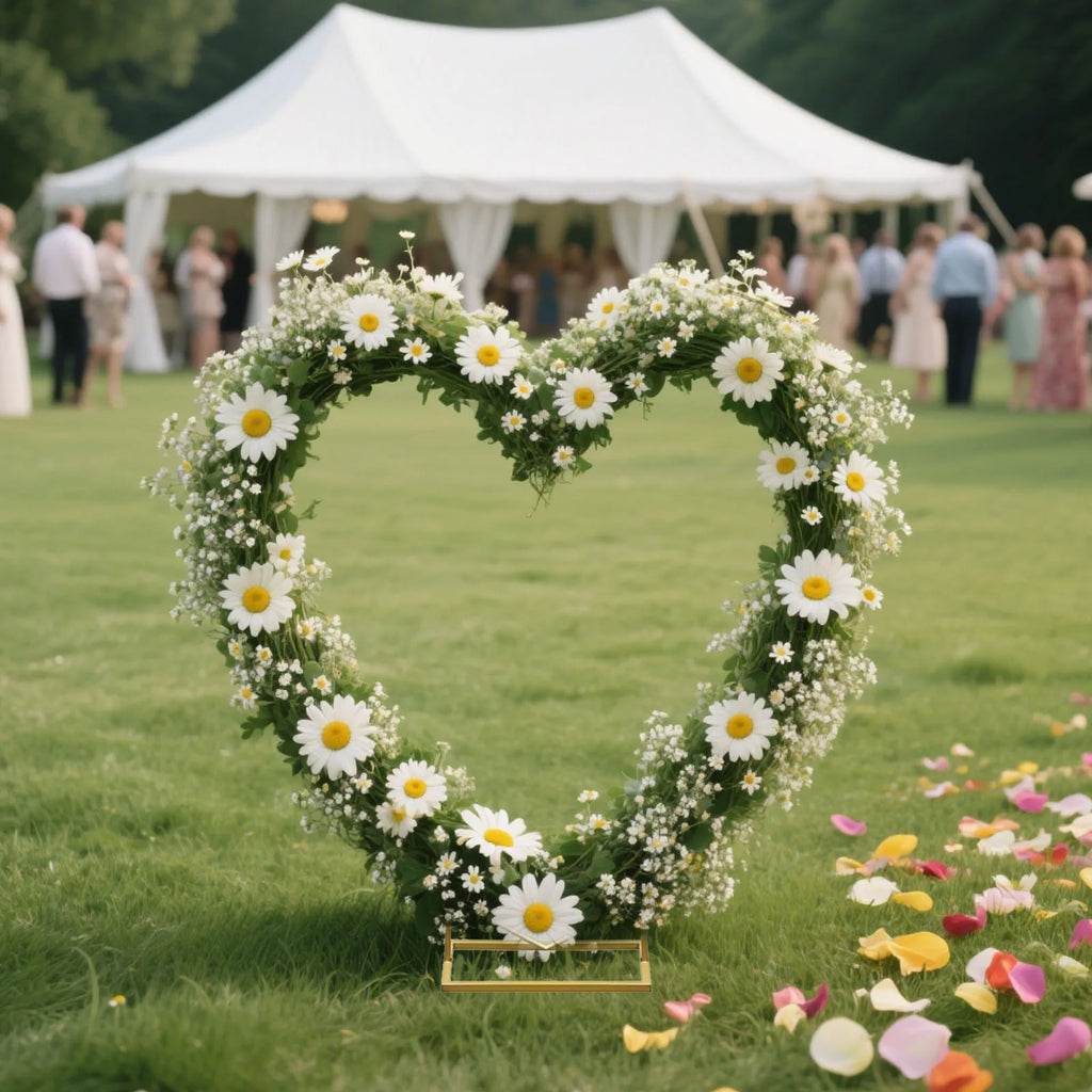 Arche de mariage dorée : arche en cœur avec marguerites.