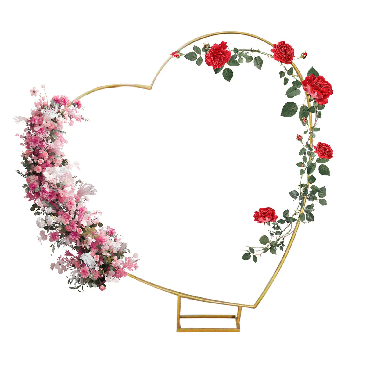 Arche de mariage dorée : arche en cœur et roses.