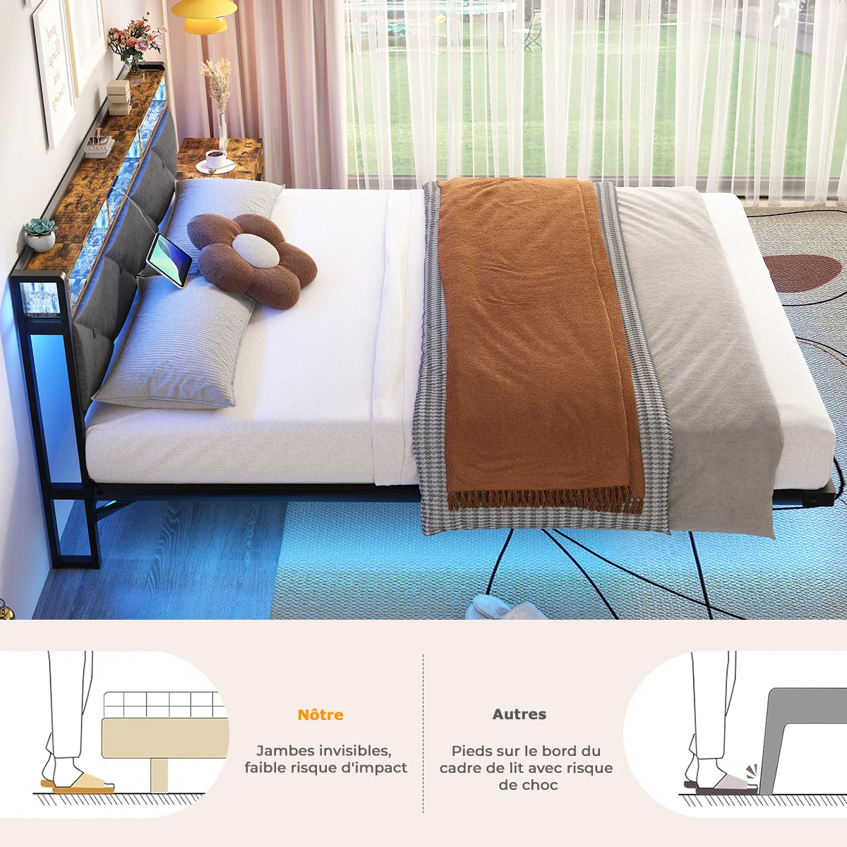 Lit 140 × 190 cm avec LED, USB et rangement