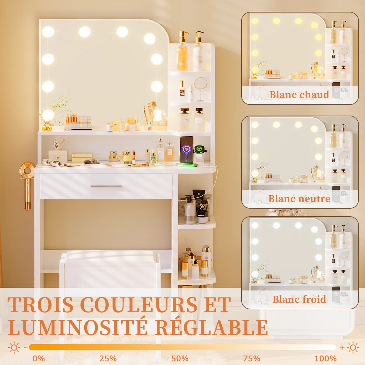 Coiffeuse avec miroir LED, tabouret et 4 tiroirs