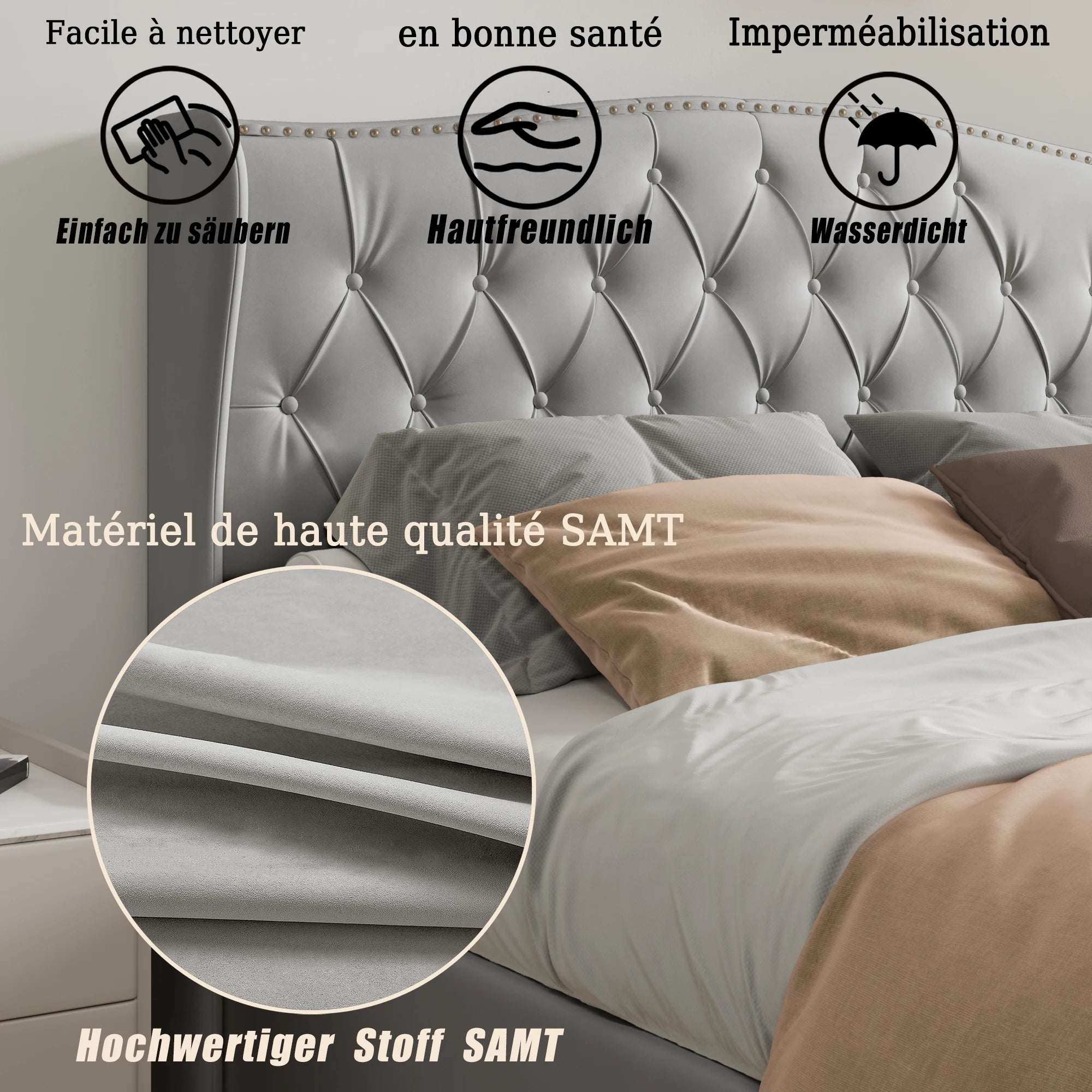 Lit double coffre en velours 140 ou 160 × 200 cm