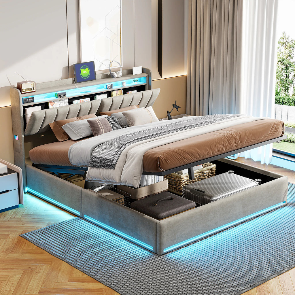 Lit coffre 140 × 200 cm avec LED et port USB