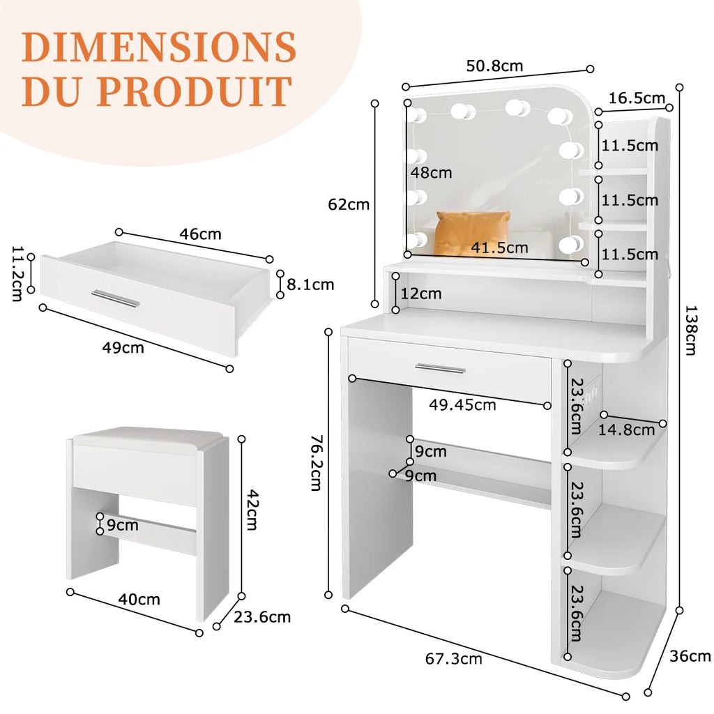 Coiffeuse avec miroir LED, tabouret et 4 tiroirs