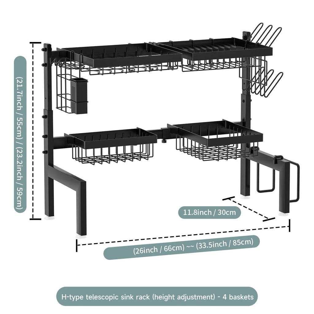 Égouttoir au-dessus de l’évier extensible, 66 à 85 cm — égouttoir noir à deux niveaux