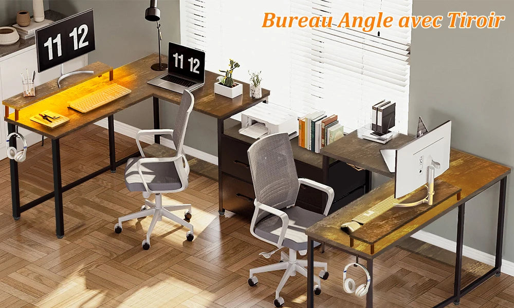 Bureau d’angle réversible LED avec prises et USB