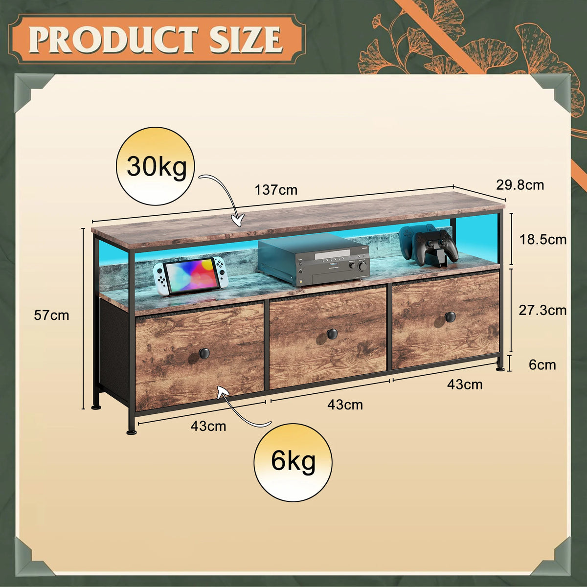 Meuble TV vintage avec LED et trois tiroirs textiles, modèle motif tigré-137 × 29.8 × 57cm
