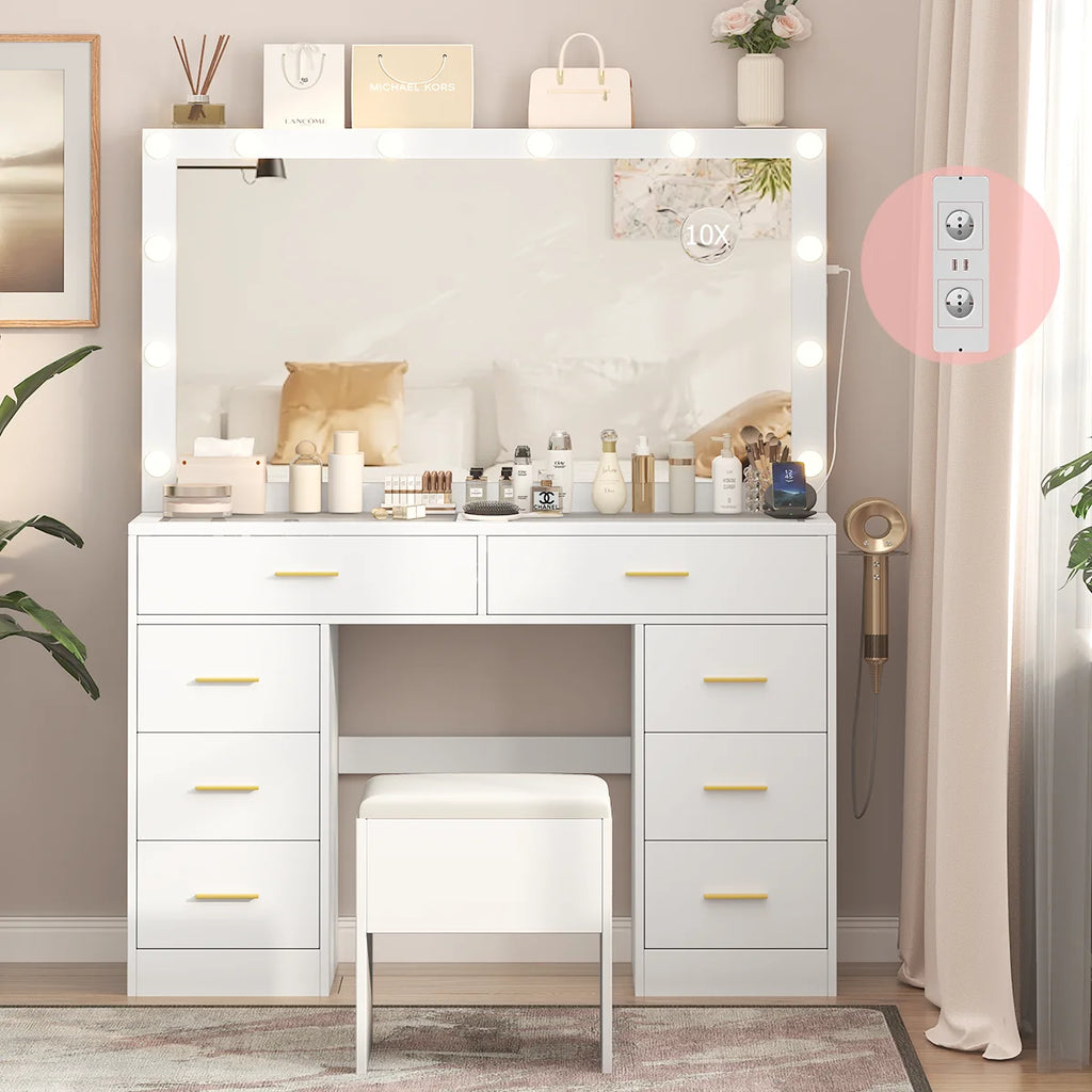 Coiffeuse à 8 tiroirs avec miroir et tabouret