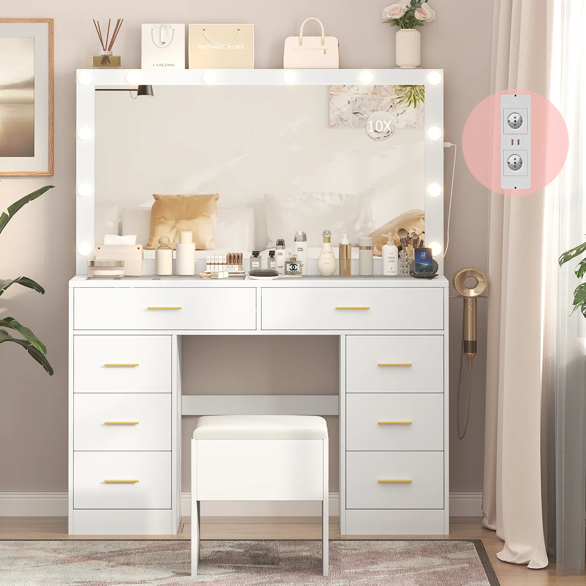 Coiffeuse à 8 tiroirs avec miroir et tabouret