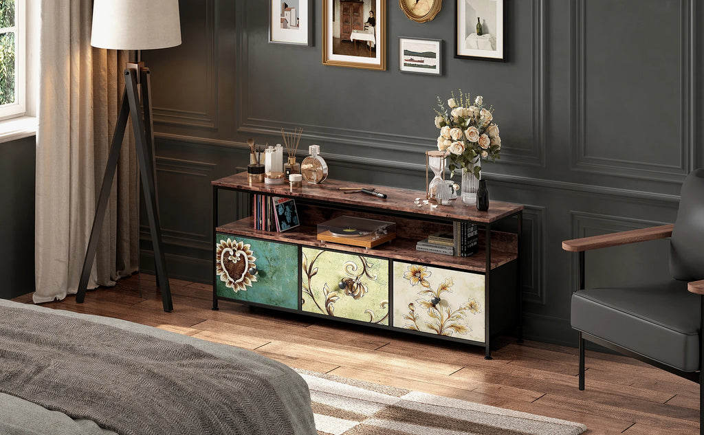 Meuble TV vintage avec LED et trois tiroirs textiles, illustration 11