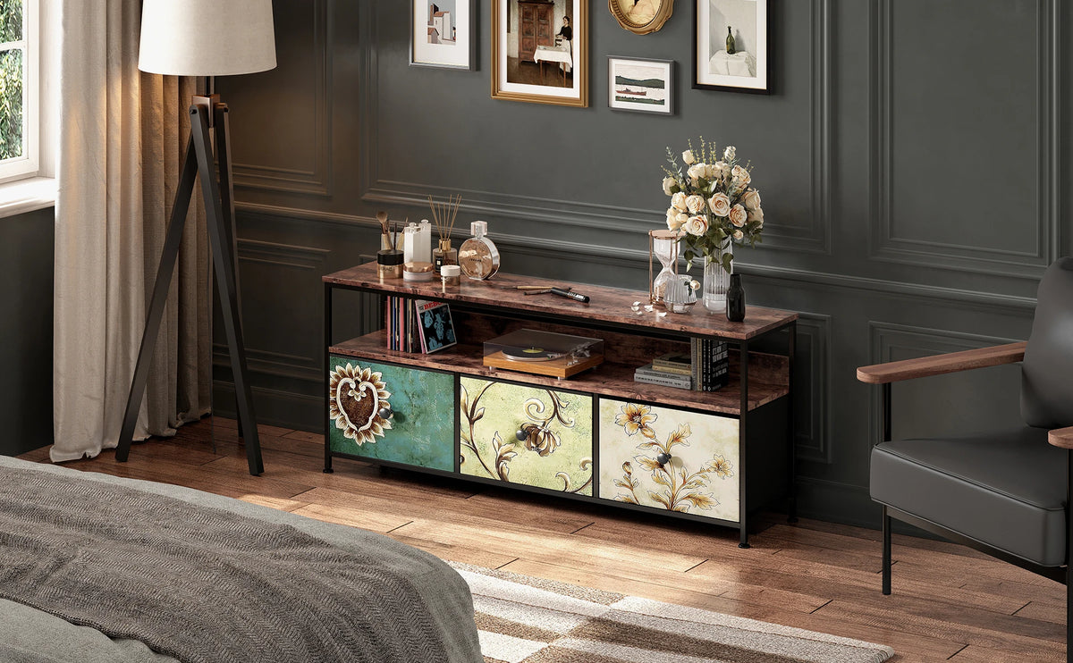 Meuble TV vintage avec LED et trois tiroirs textiles, illustration 11