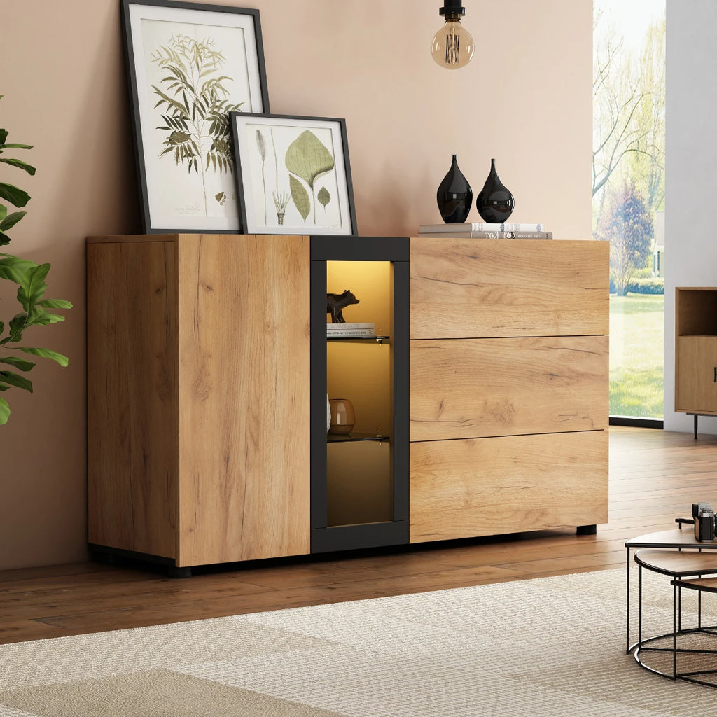 Buffet moderne 140 cm avec vitrine LED et 3 tiroirs