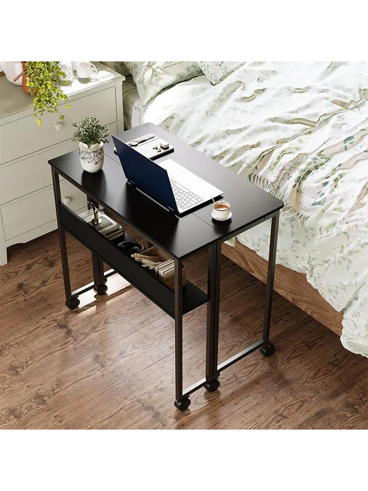 Bureau pliable à roulettes avec étagère de rangement, coloris noir, visuel 5