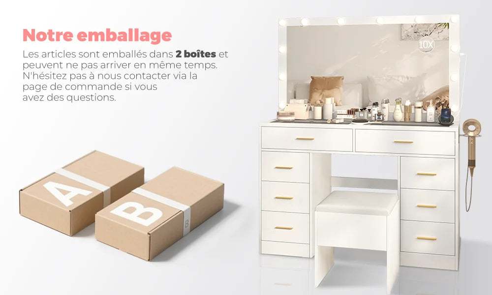 Coiffeuse à 8 tiroirs avec miroir et tabouret