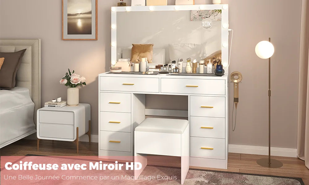 Coiffeuse à 8 tiroirs avec miroir et tabouret