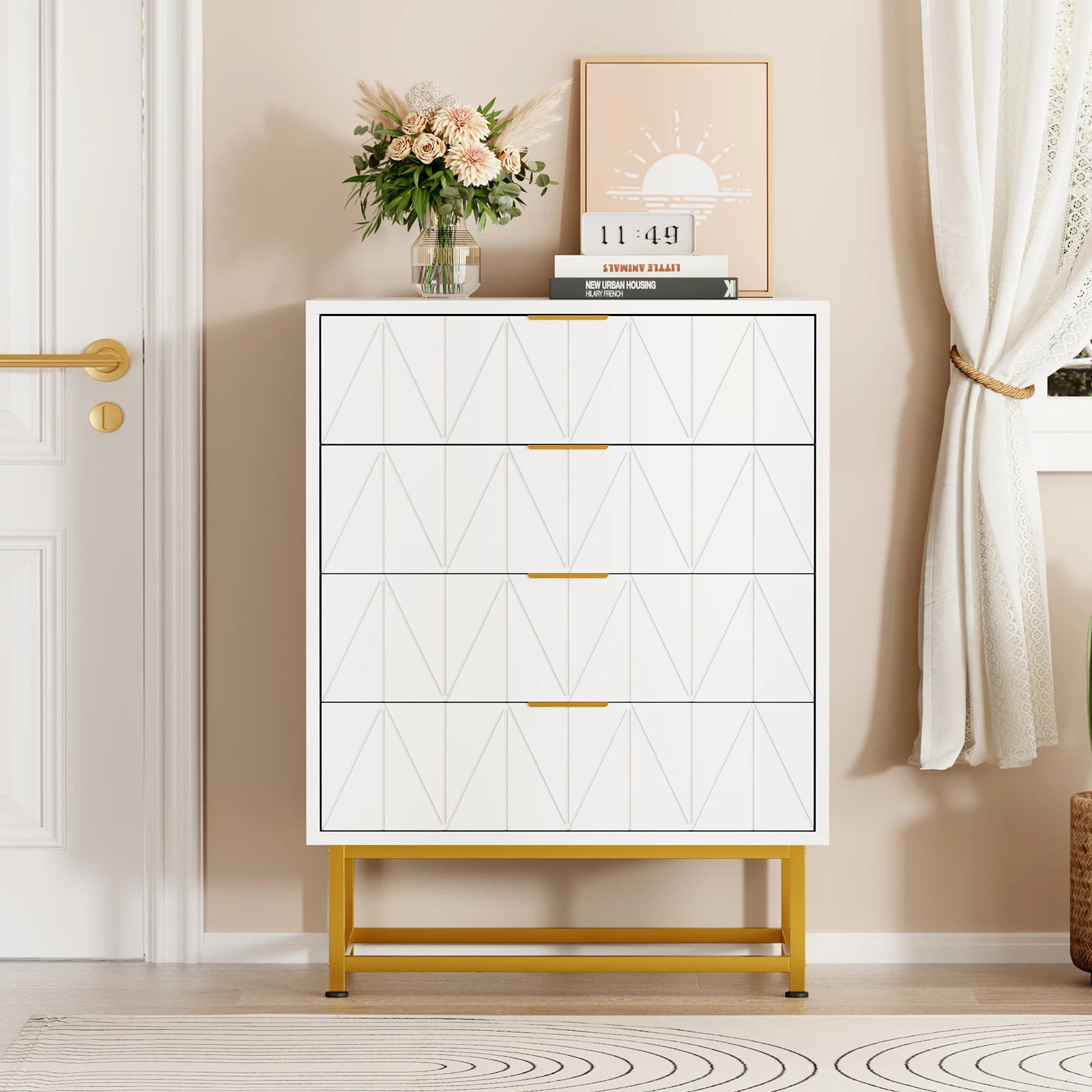 Commode blanche 4 tiroirs à motif arbre 60 × 40 × 79 cm