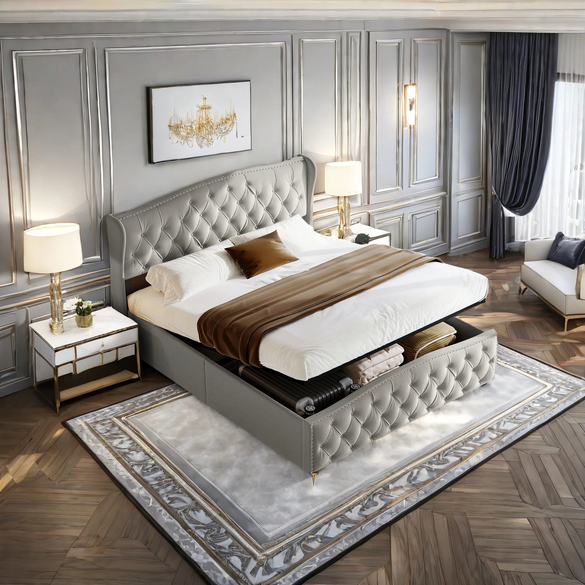 Lit double coffre en velours 140 ou 160 × 200 cm