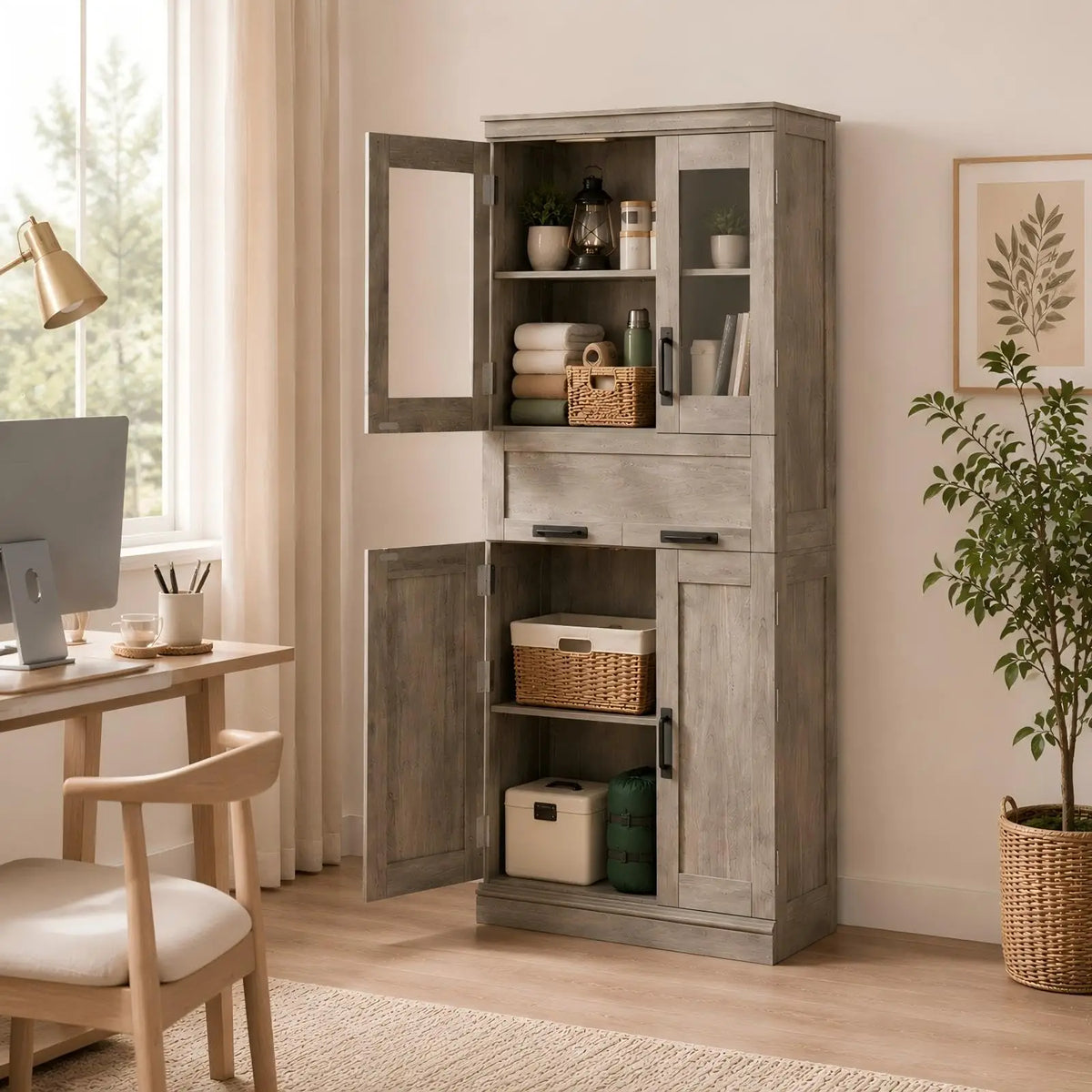 Colonne de salle de bain grise 170 cm avec rangement et portes vitrées