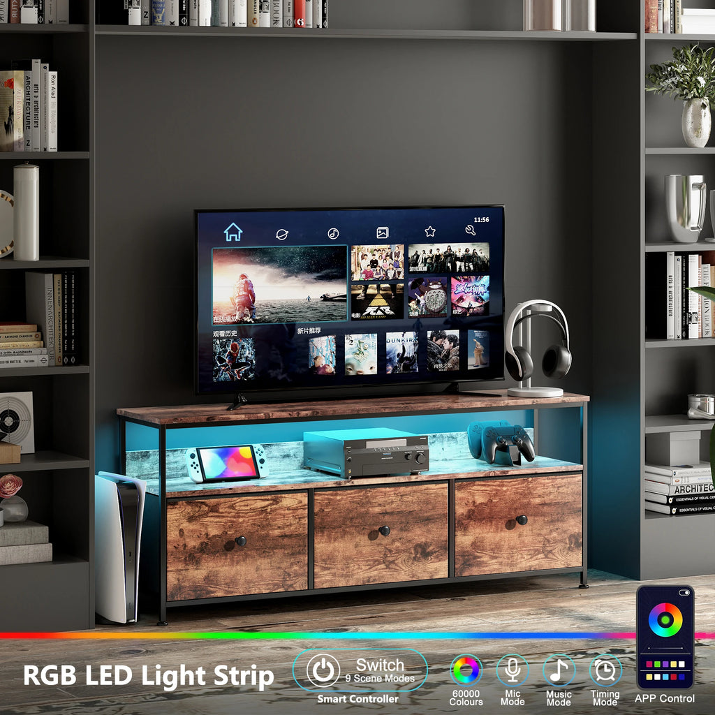 Meuble TV vintage avec LED et trois tiroirs textiles, illustration 2