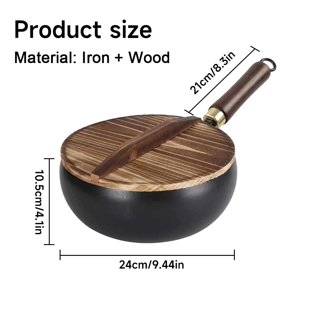 Wok en fer non revêtu avec couvercle en bois