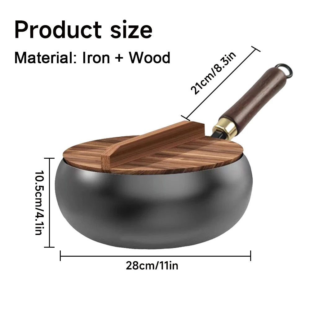 Wok en fer non revêtu avec couvercle en bois