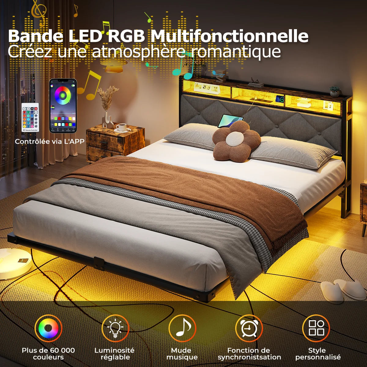 Lit 140 × 190 cm avec LED, USB et rangement