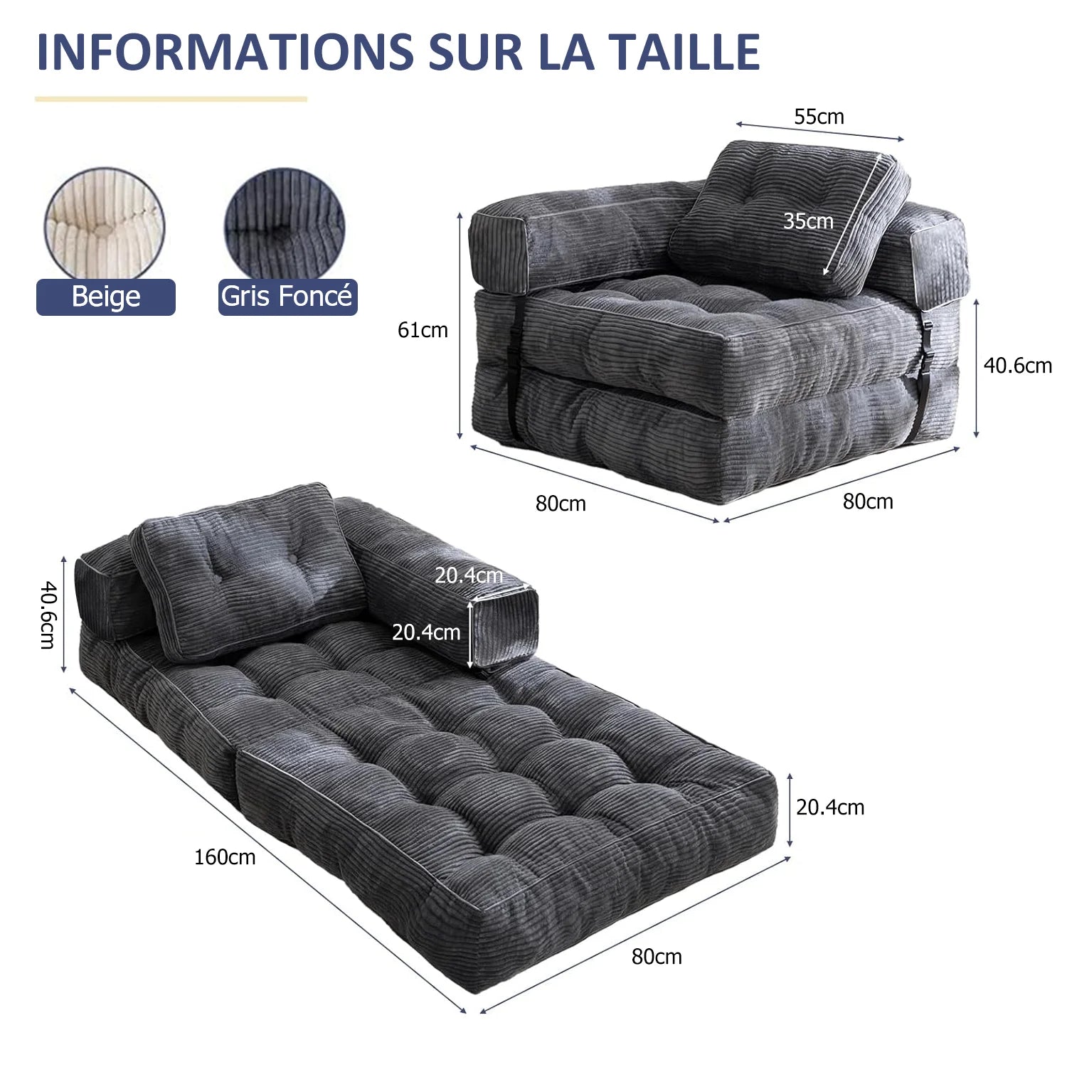 Canapé compact convertible 80 × 80 cm avec accoudoirs