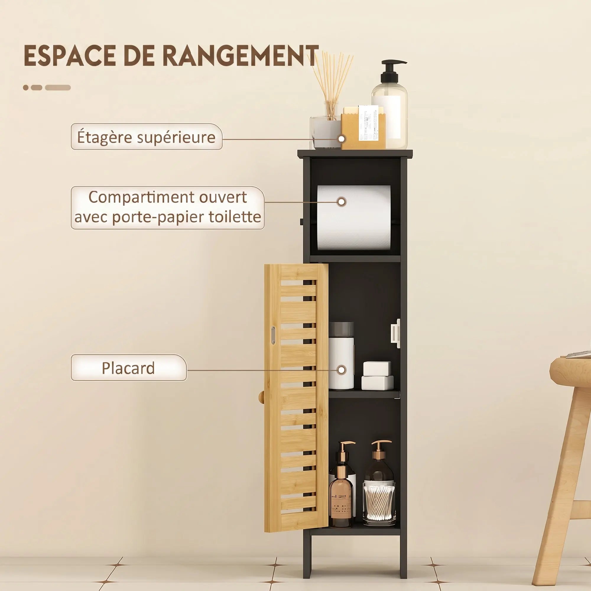 Meuble WC étroit en bois et bambou avec porte-rouleau