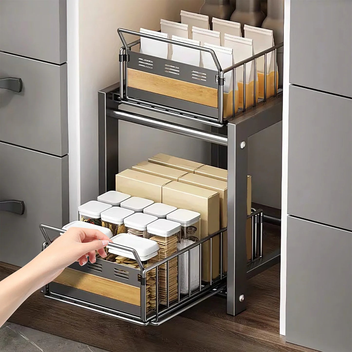 Rangement Coulissant Sous Évier Réglable Double Tiers Pour Cuisine
