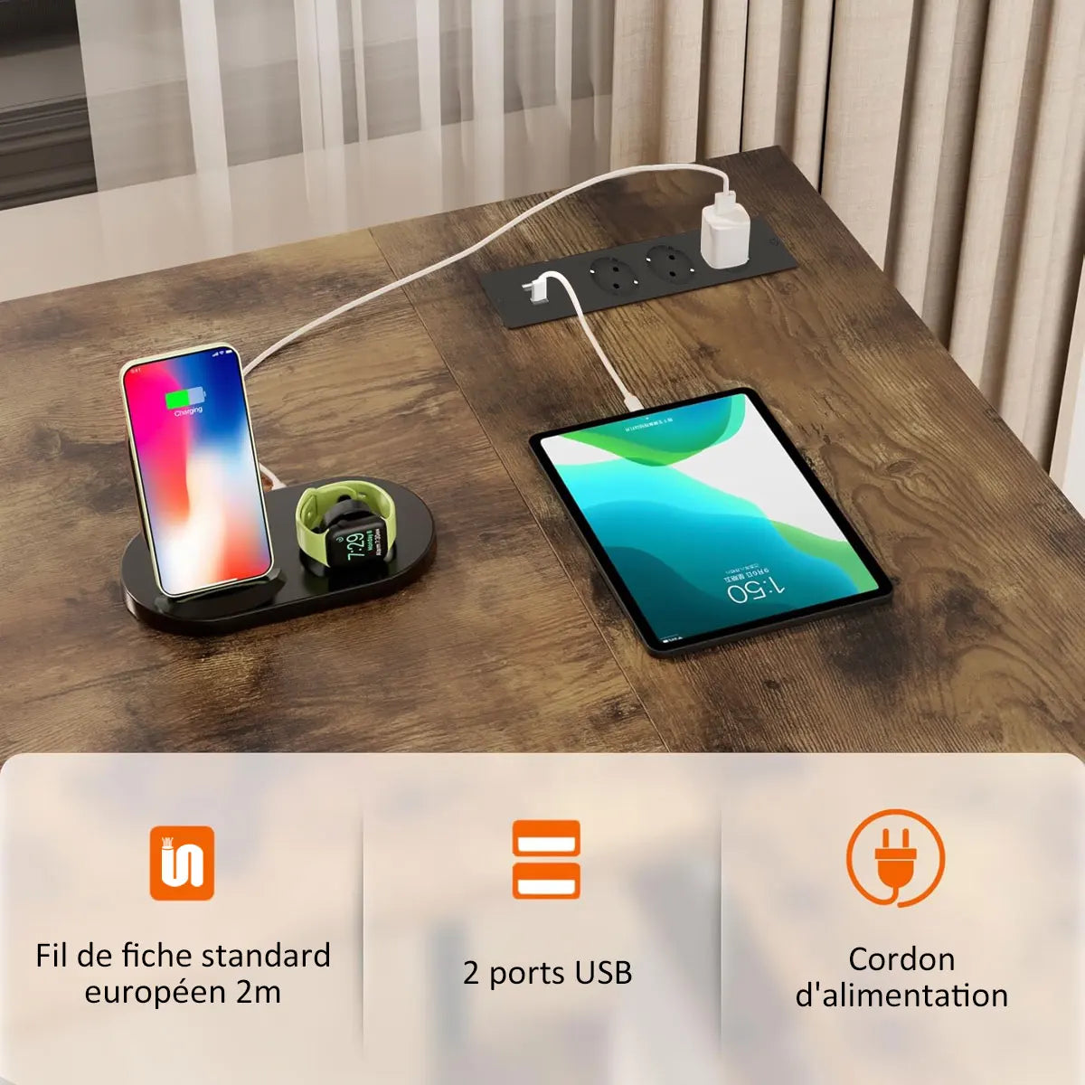 Bureau d’angle réversible LED avec prises et USB