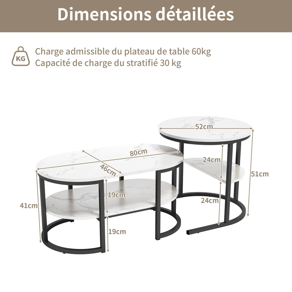 Tables basses gigognes ronde et ovale, effet marbre clair — dimensions des deux tables
