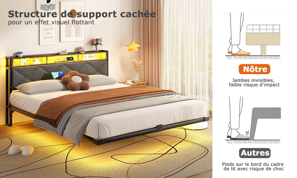 Lit 140 × 190 cm avec LED, USB et rangement